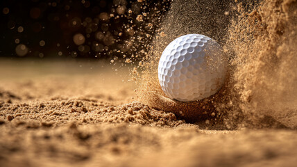 Golf ball hitting a sand trap with a splash, showing the dynamic action of sand particles in motion.