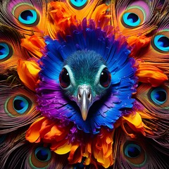 A peacock's head made of peacock feathers.