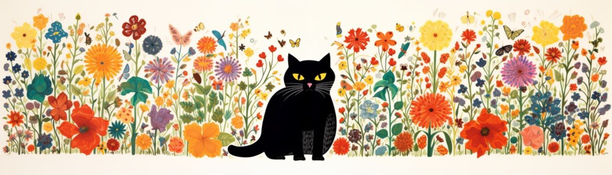 A whimsical painting of a black cat sitting in a field of colorful flowers. The cat is looking out at the viewer with a curious expression on its face. The flowers are all different colors and shapes,