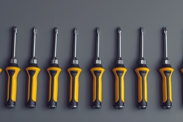 Yellow and black screwdrivers on a gray surface. Versatile tool concept - obrazy, fototapety, plakaty