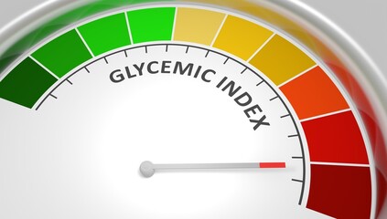 Glycemic index level on measure scale. Instrument scale with arrow. Colorful infographic gauge element. Diabetes healthcare illustration. 3D render
