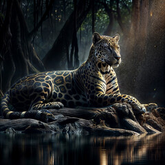 araffe sitting on a rock in the dark with a reflection in the water, jaguar, the smooth black jaguar, 3 d 8 k, high contrast 8k, dramatic intense lighting, 4 k 8 k, 4k 8k, portrait of wild, highly rea