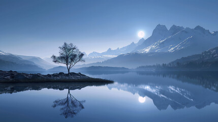 Blue mountain lake and lonely tree reflecting in calm water at sunset in minimal surreal landscape photography