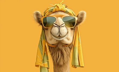 Obraz premium happy camel wearing sunglasses, solid color background, green and orange colors 
