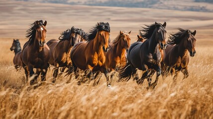 Group of Wild Horses Galloping Across Open Fields, Their Manes and Tails Streaming in the Wind as They Embrace Freedom.
 - obrazy, fototapety, plakaty