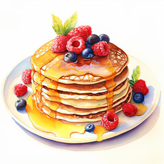 A watercolor painting of a stack of pancakes with syrup and berries.
