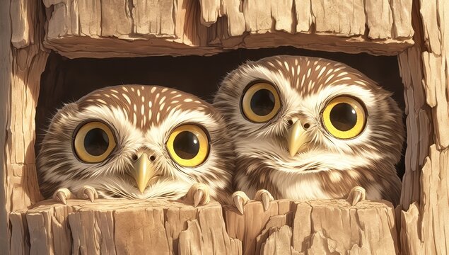 photograph of two cute baby owl birds with big eyes in a tree hollow