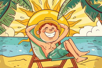 Obraz na płótnie Canvas A cartoon sun with arms and legs laying on a beach chair under a palm tree,