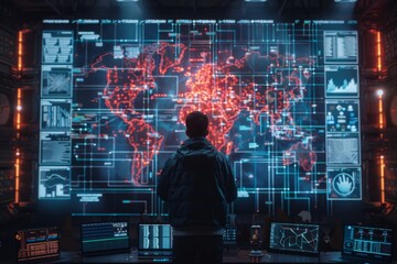 A figure studies a complex global cybersecurity map in a high-tech control room.