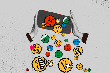 Composite photo collage of hands hold iphone device screen emotions smiley social network media isolated on painted background