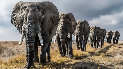 Herd of Elephants Moving Across the Vast Savannah, Traversing the Grasslands with Powerful Grace




 - obrazy, fototapety, plakaty