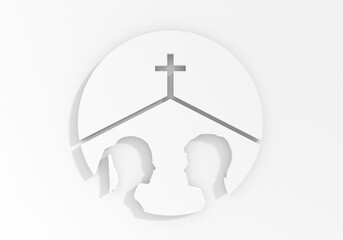 Church family, community worship unity symbol. Man and woman under roof with cross 3D render