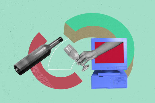 Creative image collage human hand pc monitor screen pouring glass drink beverage 3d elements fragments drawing background
