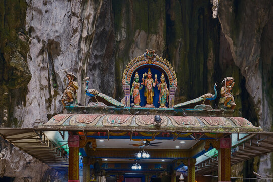 Batu Caves  in Gombak, Selangor Malaysia interior shot showing sri valli deivanai murugan temple inside the cave on the second floor