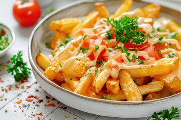 Delicious bowl of fries with savory sauce and fresh parsley, perfect for food and restaurant concepts - obrazy, fototapety, plakaty
