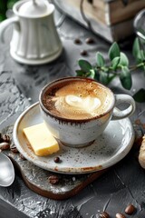 A cup of coffee with a piece of butter on a saucer, perfect for food and beverage concepts