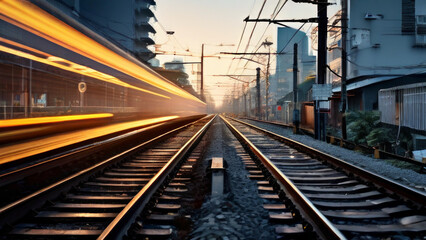 photo of a railroad station. sunset. yellow-blue background