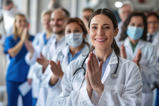 Healthcare professionals celebrating teamwork with applause.