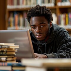 Student doing research at library using laptop and books