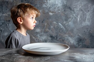Adolescent boy standing in front of an empty dish. Generative Ai.