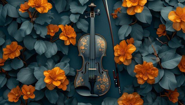 A visually stunning flat lay of a classic violin surrounded by vivid blue and orange flowers creating a lovely artistic contrast