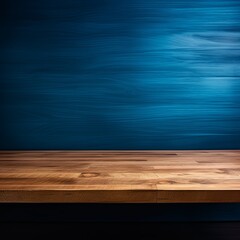 Abstract background with a dark sky blue wall and wooden table top for product presentation, wood floor, minimal concept, low key studio shot