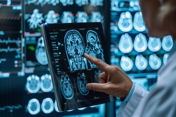 A medical professional examines detailed brain MRI scans on a high-tech digital tablet for diagnosis