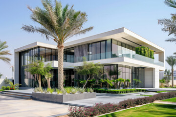 Fototapeta na wymiar Modern contemporary villa in Dubai, white and grey walls with glass windows, concrete facade, garden, front view, blue sky, palm trees, lush green plants, contemporary architecture design
