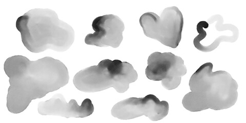 Bold black doodle clouds blot grey pencil alcohol inks watercolour hand drawn illustration shapes abstract high quality line contour strokes stamp curve white isolated