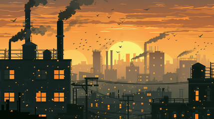 Pollution at sunset in a big city