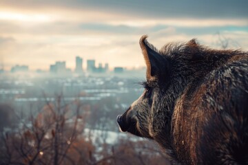 A wild boar gazing at a metropolis. Generative Ai.
