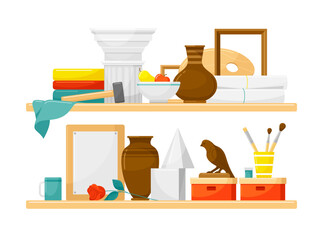 Art studio class shelves with artwork material and equipment isometric vector illustration