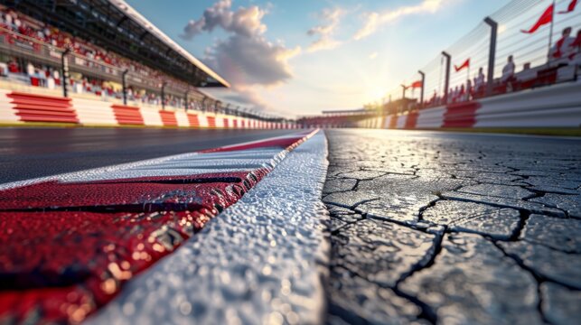 An extreme close-up of a race track's red and white curbing shows the texture and weather conditions at the venue