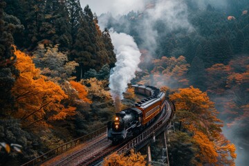 Fototapeta premium An antique steam train billowing thick smoke, traverses a bridge with a fiery autumn forest backdrop
