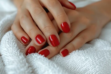 Close-up of a woman's hand with a red manicure holding a white towel. Ideal for beauty and spa...
