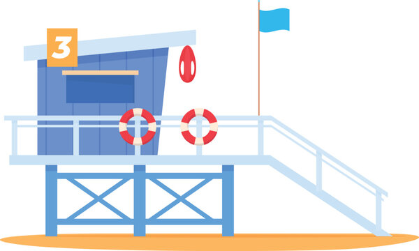 Beach lifeguard house with flag stairs and lifebuoy side view vector flat illustration