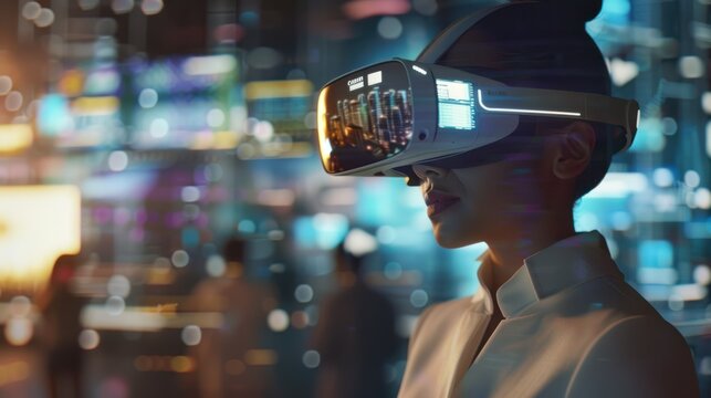Business woman wearing VR headset device,,future technology concept