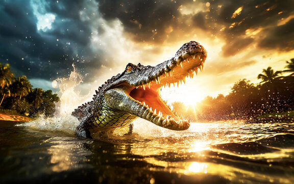 an attacking crocodile with its mouth wide open in a river, AI generated