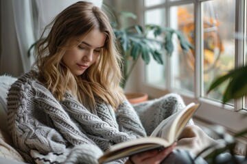 young woman reading a book at home. ai generated