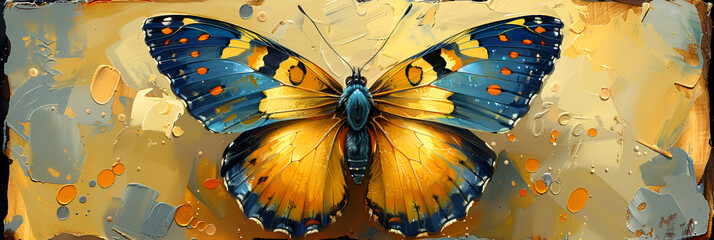 Blue and Yellow Butterfly Illustration Vivid,
A painting of a butterfly with the word butterfly on it
 - obrazy, fototapety, plakaty