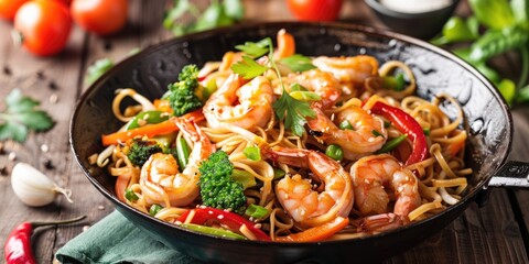 A delicious wok dish with shrimp, broccoli, and noodles. Perfect for food blogs or recipe websites - obrazy, fototapety, plakaty