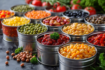 Canned Food in Tin Cans Isolated on a Gray Background,
Canned vegetables in opened tin cans on kitchen table Nonperishable long shelf life foods background
