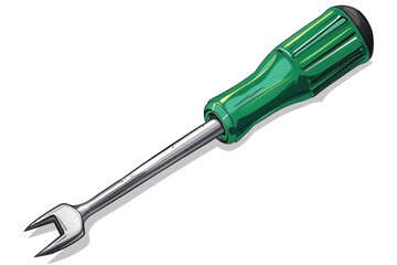 A green screwdriver with a wrench on it. Suitable for construction and repair concepts - obrazy, fototapety, plakaty