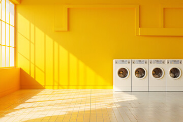 bright self-service laundry with modern washing machines over yellow background with copy space - Powered by Adobe