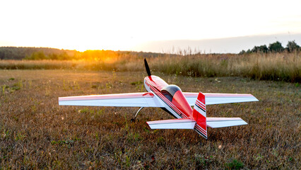radio-controlled model airplane in the wild in the sun's rays