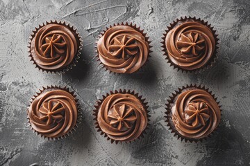 Fototapeta na wymiar Delicious chocolate frosted cupcakes on a table, perfect for bakery or dessert concept