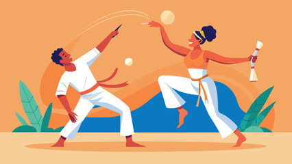 The energy is palpable as two capoeira students demonstrate their skills in a playful spar the audience clapping along to the rhythm of the