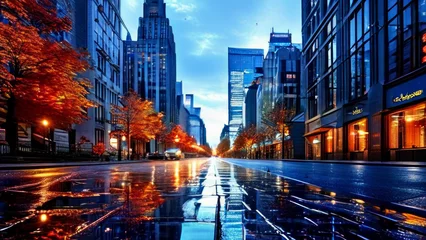 Raamstickers big city street after rain on the background of sunset. the road is reflected. blue - orange colors © COK House