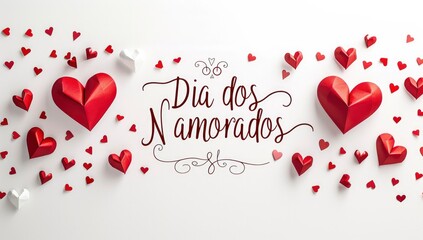 Dia dos Namorados is written on a white background and includes red paper hearts and other symbols of love. - obrazy, fototapety, plakaty