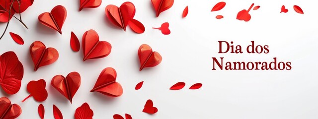 Dia dos Namorados is written on a white background and includes red paper hearts and other symbols of love.